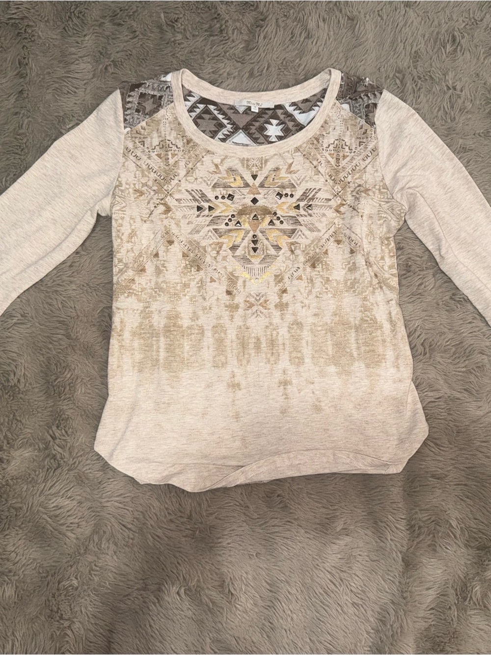 Miss Me Cream Aztec-Pattern Long Sleeve Tee with Gold Accents